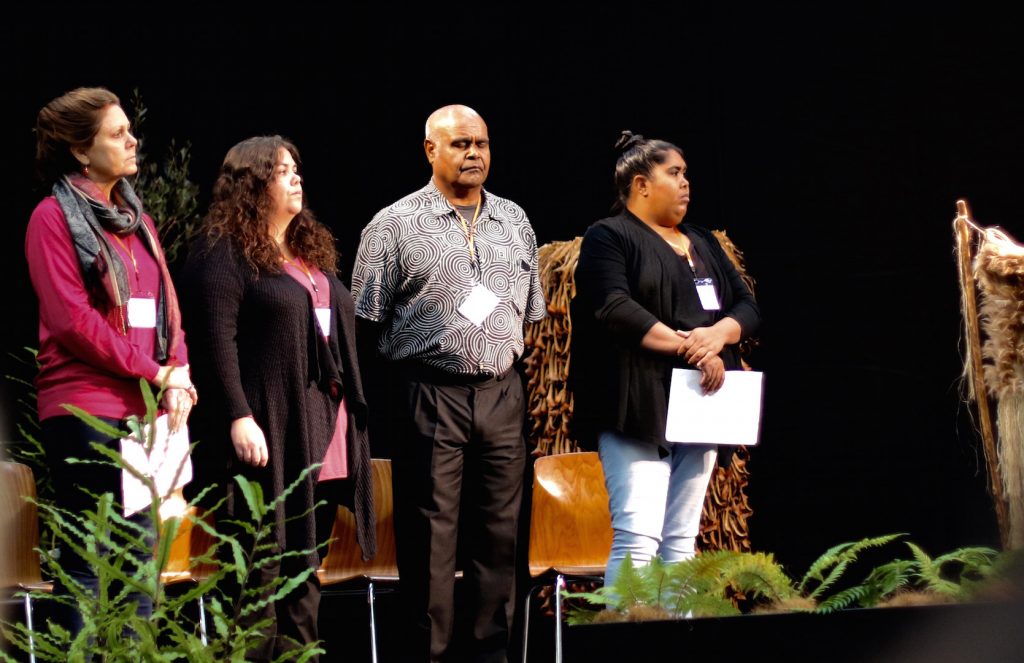One of the stirring presentations at the hui was by Woor-Dungin, an aboriginal coalition of organizations and funders from Australia. In the Gunnai language, Woor-Dungin means to share. Eight members of the coalition took the hui participants on a journey of dadirri, an aboriginal philosophy on listening deeply.